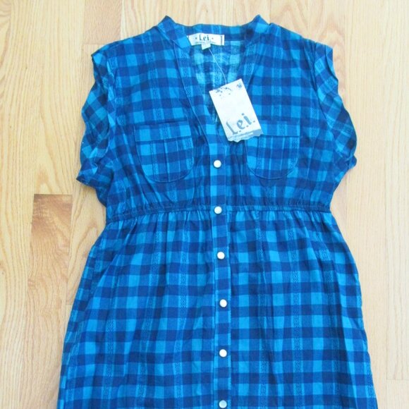 l.e.i. WOMEN'S JUNIOR'S SIZE S TOP NAVY BLUE & TEAL PLAID TUNIC MARIBETH SS NWT - Picture 8 of 12